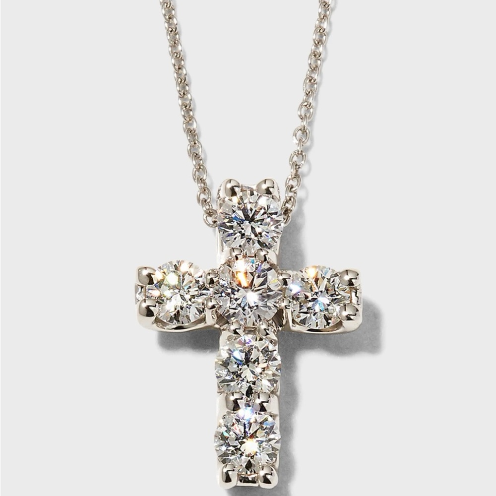 Roberto Coin 18k Diamond Square-Set Cross Pendant White Gold Necklace